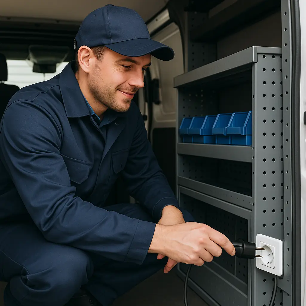 Contacteer: Technieker in blauwe werkkledij sluit stopcontacten aan